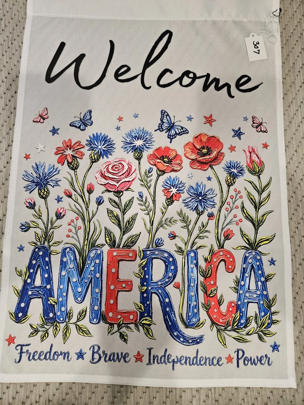 (307) Hand Made Welcome America Floral Patriotic Flag - Red, Blue, White